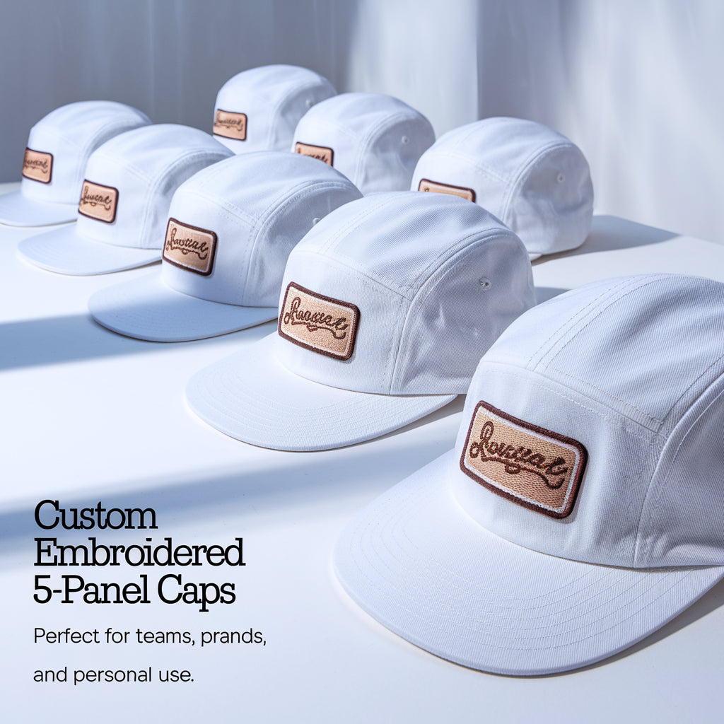 6 White 5-Panel Caps with Custom Embroidered Patch (6K-8K Stitches)