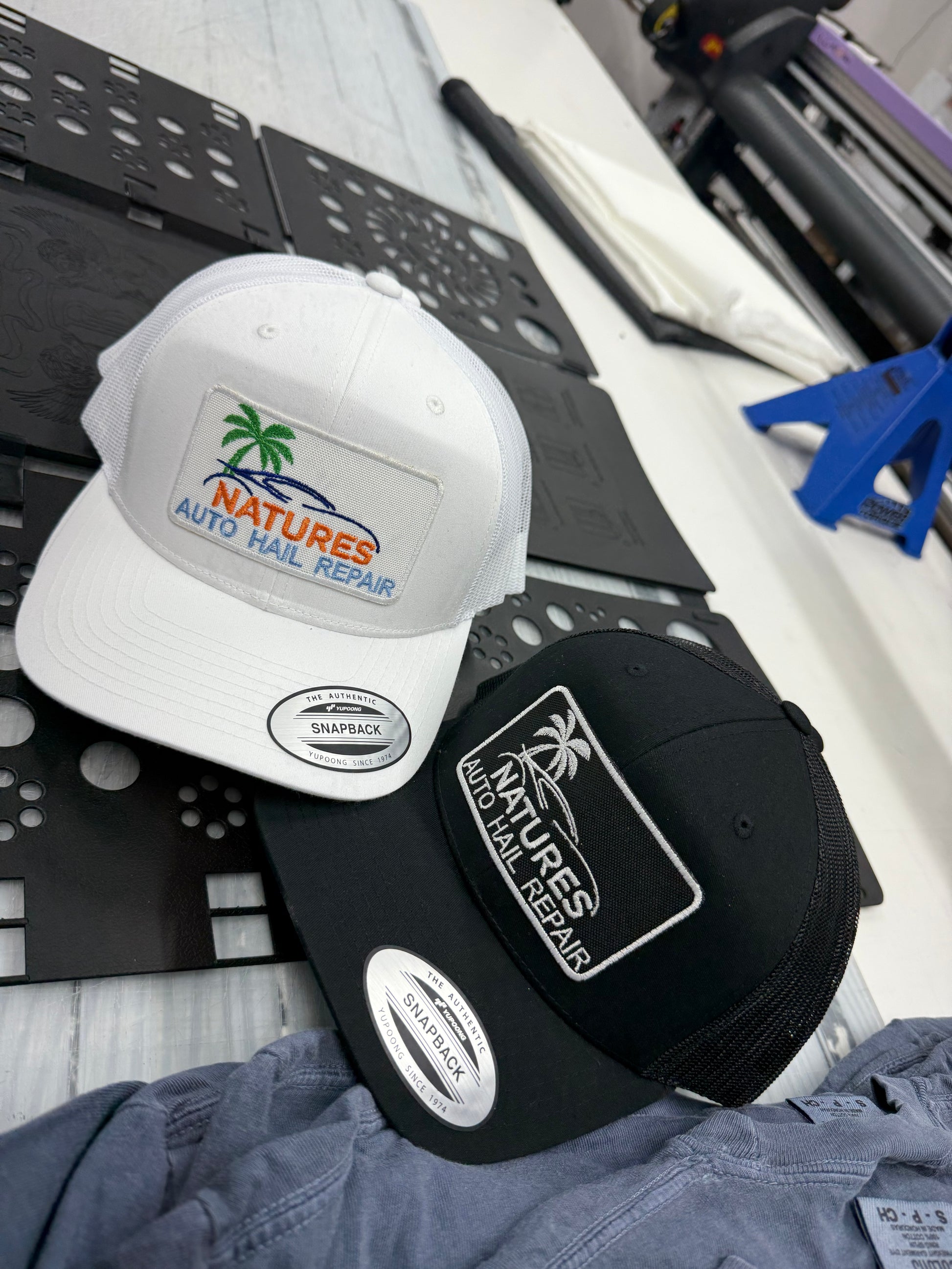 6 White 5-Panel Caps with Custom Embroidered Patch (6K-8K Stitches)