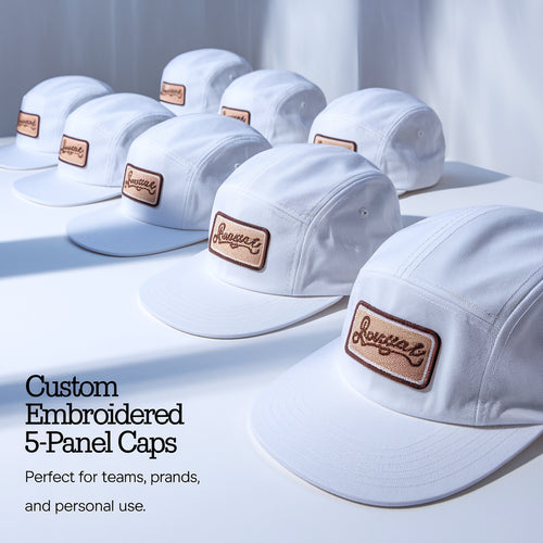 6 White 5-Panel Caps with Custom Embroidered Patch (6K-8K Stitches)