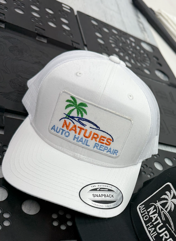 6 White 5-Panel Caps with Custom Embroidered Patch (6K-8K Stitches)