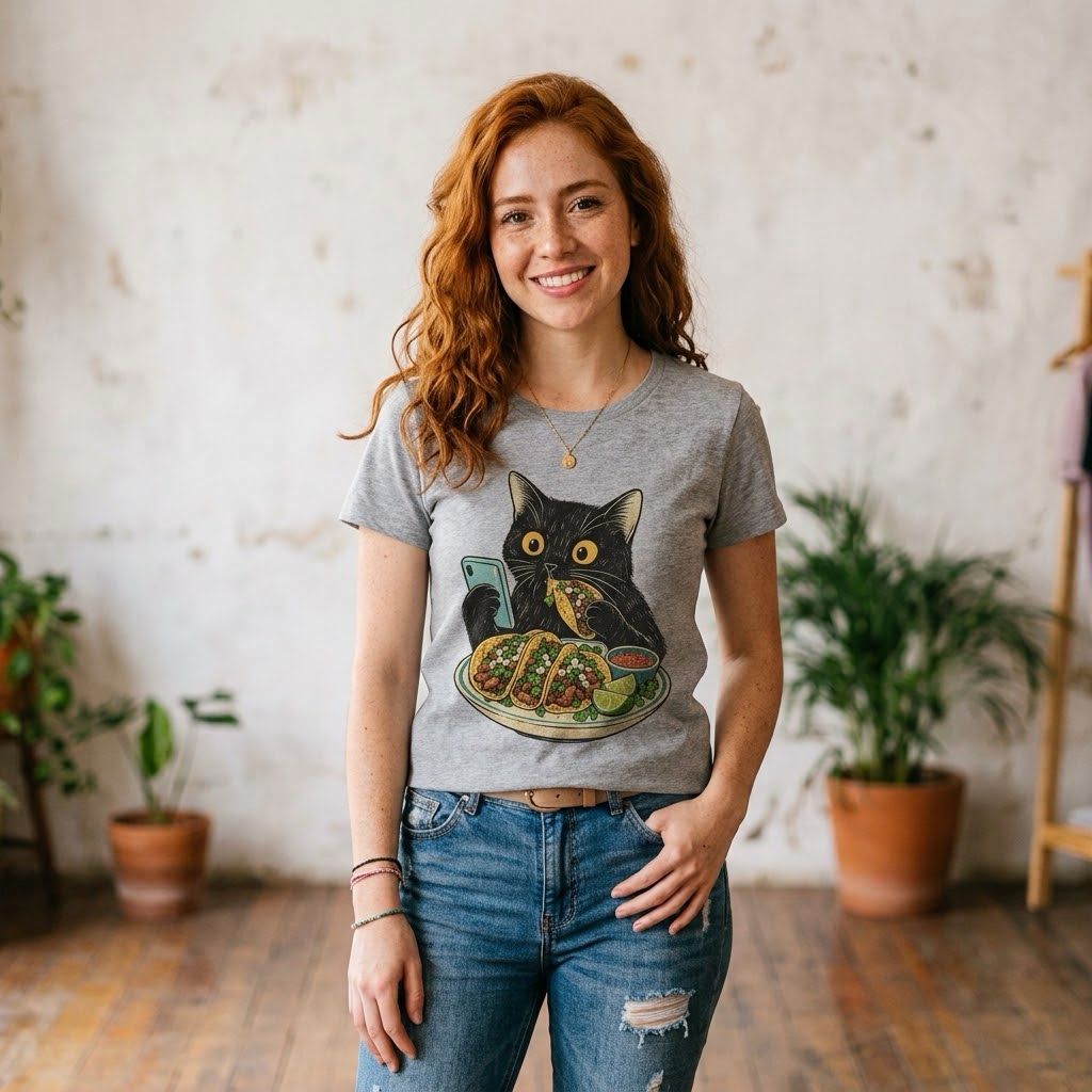Taco Cat Shirt, DTF Transfer or Digital PNG Download | Funny Black Cat Eating Tacos Heather Gray Graphic Tee | Mexican Food Lover Gift