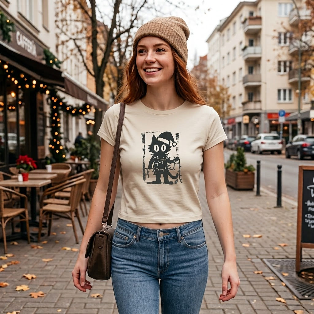 Tangled Christmas Cat Shirt | Funny Holiday Black Cat Graphic Tee OR DTF Transfer | Retro Xmas Lights