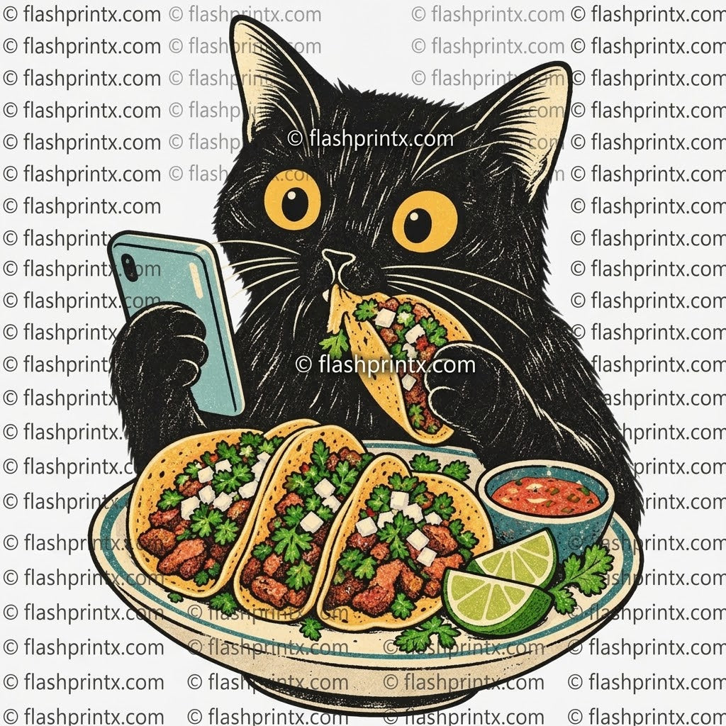 Taco Cat Shirt, DTF Transfer or Digital PNG Download | Funny Black Cat Eating Tacos Heather Gray Graphic Tee | Mexican Food Lover Gift